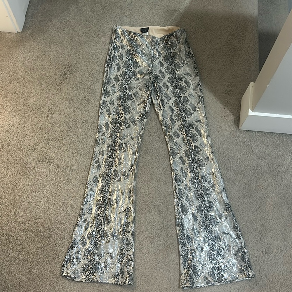 Snake Print Sequin Boot-Cut Pants - Silver
